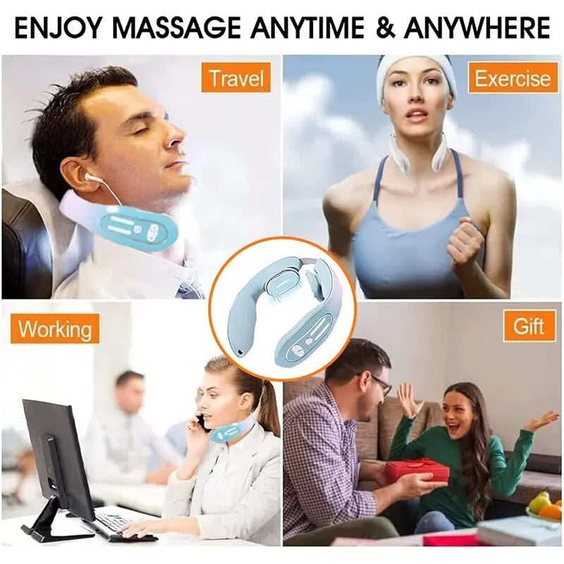 Massageador de pescoço micro pulso vibração relaxamento azul compressa quente